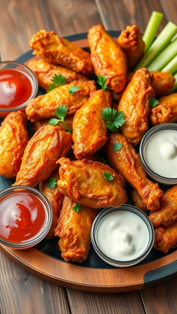 Crispy chicken wings served on a platter with dipping sauces, garnished with parsley and accompanied by celery sticks.